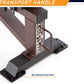 Brown and black steel weight bench transport handle with attached non-marking foot pads on white background