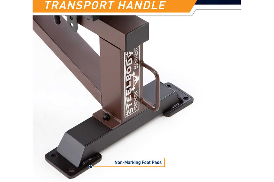 Brown and black steel weight bench transport handle with attached non-marking foot pads on white background