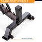 Black steel weight bench with transport wheels and non-marking foot pads on white background