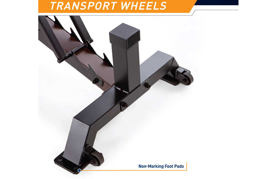 Black steel weight bench with transport wheels and non-marking foot pads on white background