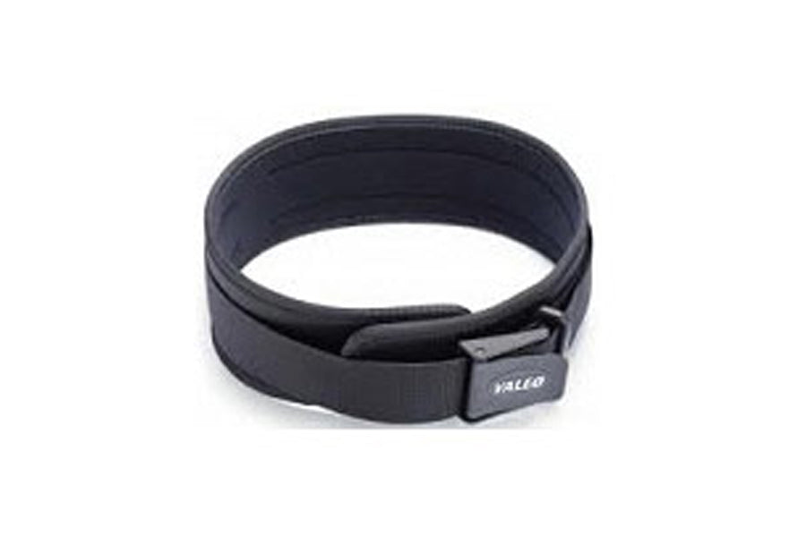 Black nylon weight belt with adjustable buckle closure and Valeo branding on white background