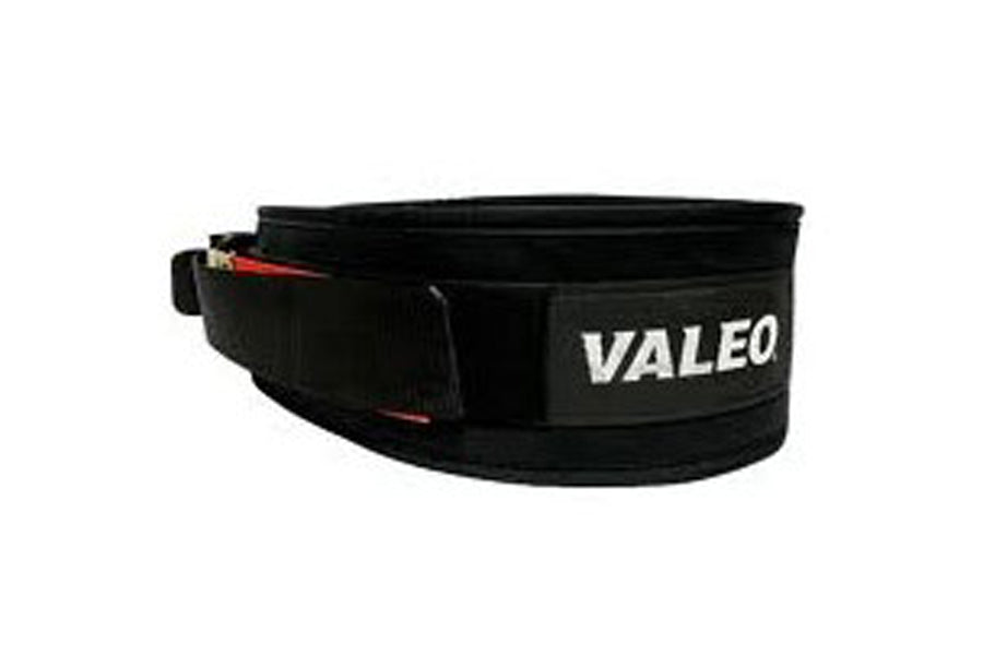 Black neoprene weight belt with Valeo branding and red velcro closure on white background