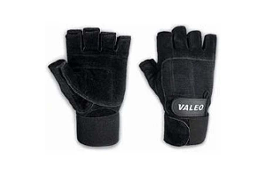 Black Valeo fingerless weight lifting gloves with wrist support, shown flat lay front and back view
