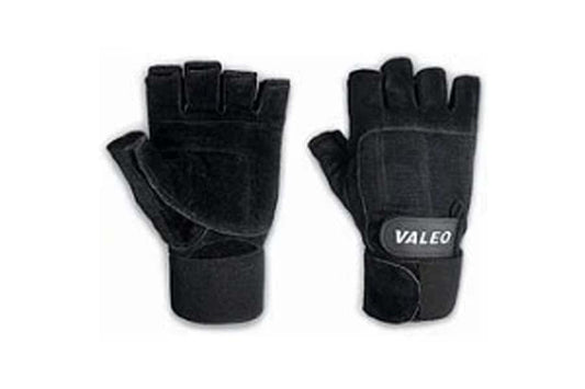 Black Valeo fingerless weight lifting gloves with wrist support, shown flat lay front and back view