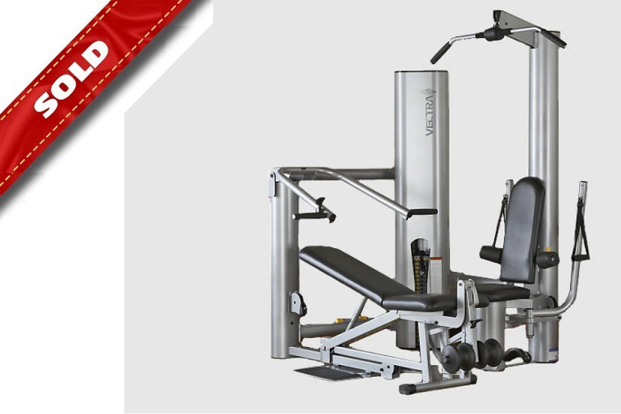 Vectra On-Line 1450 Home Gym with silver steel frame, black padded seat and backrest, dual workout stations, and leg press at