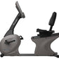 Gray and black recumbent exercise bike with adjustable seat, control console, and foot pedals on white background