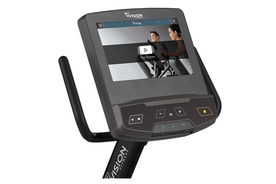 Vision R600E recumbent exercise bike with dark gray console display and black upright post, displayed on white background
