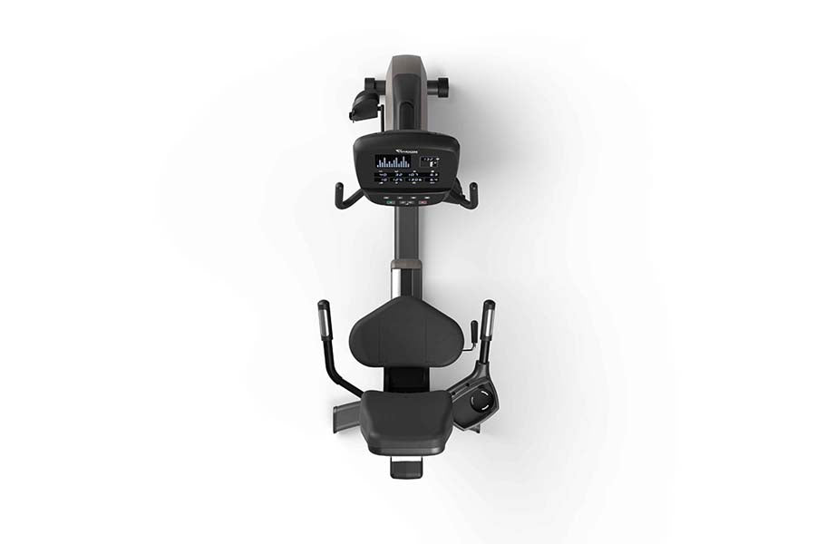 Black recumbent exercise bike with digital display console, padded seat, and dual handlebar grips, overhead view on white bac