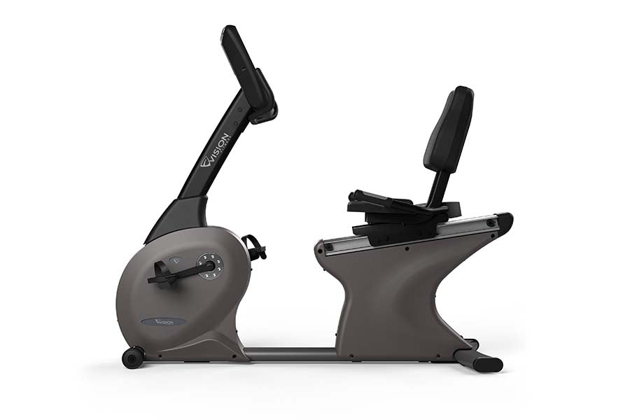 Vision R60 recumbent exercise bike with gray frame, black upright handles, and digital display on white background