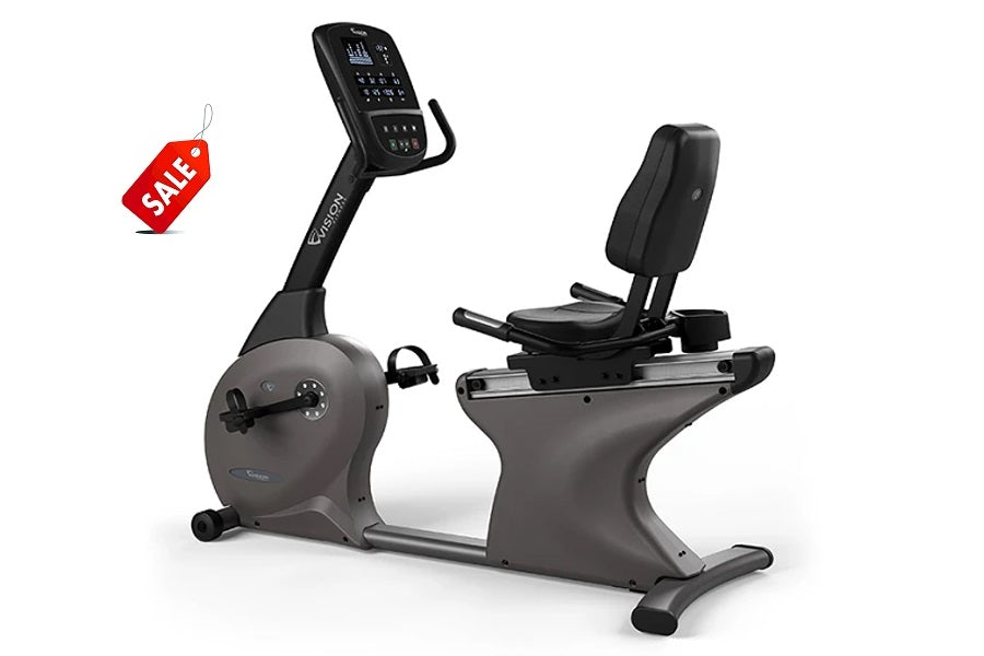 Vision R60 recumbent exercise bike with black digital console, padded seat, and foot pedals on white background