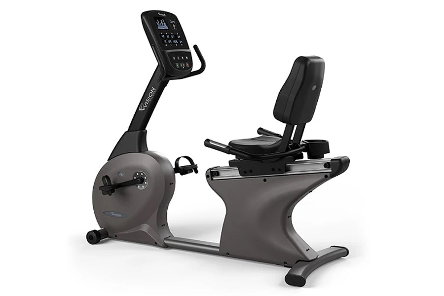 Vision R60 recumbent exercise bike with gray frame, digital display console, and black padded seat on white background