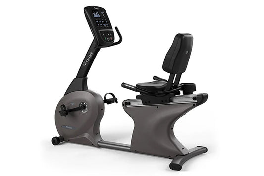 Vision R60 recumbent exercise bike with gray frame, digital display console, and black padded seat on white background