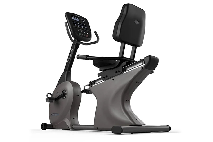 Vision R60 recumbent exercise bike with digital display console and padded backrest on white background