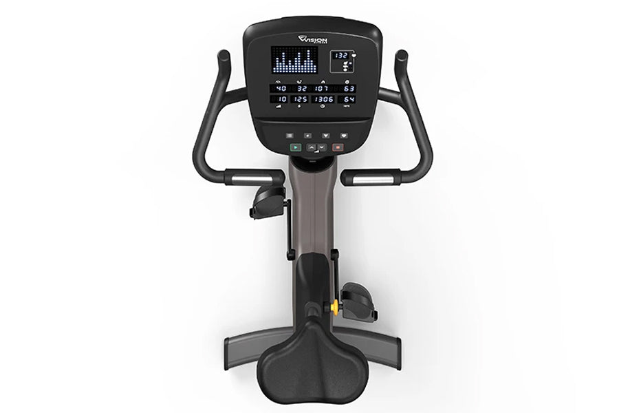 Black recumbent exercise bike with digital console display, dual handles, and wide seat on white background