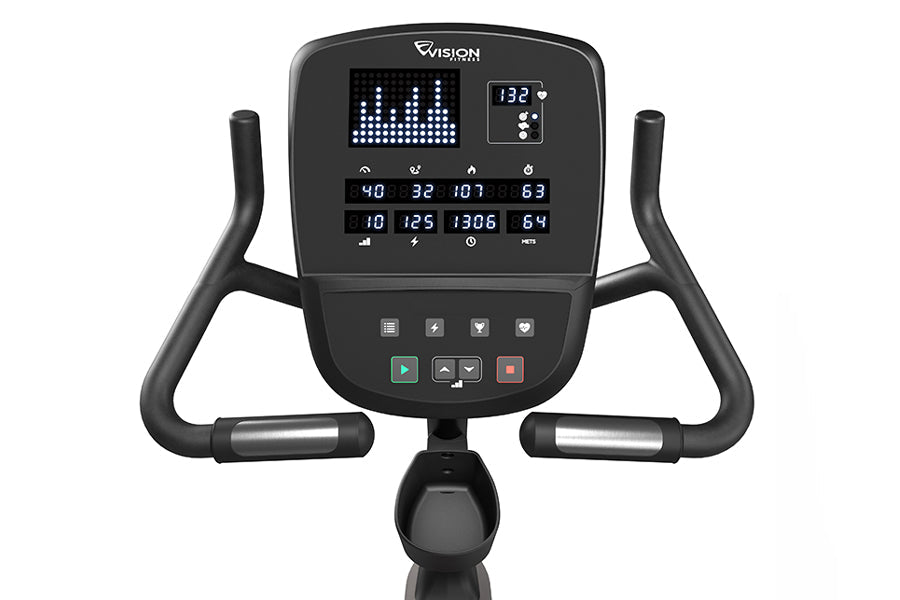 Vision R60 recumbent exercise bike with black frame, digital display showing metrics, and curved handlebars on white backgrou