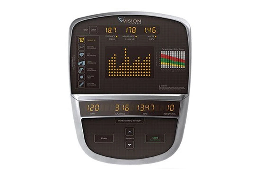 Vision R70 recumbent exercise bike with black console, digital display showing metrics, yellow LED graph, and silver frame on