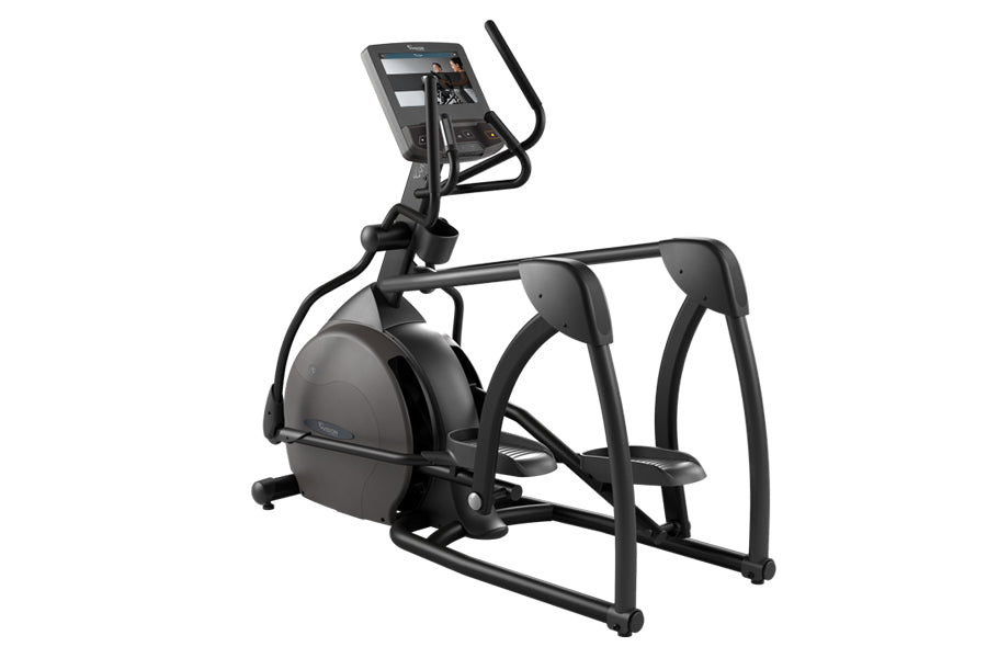 Black and gray suspension elliptical machine with digital console on white background