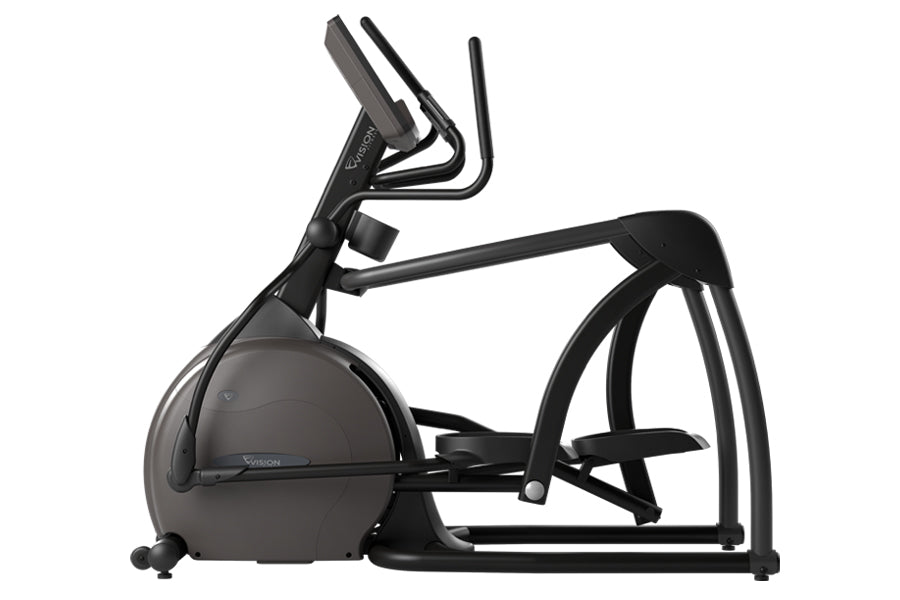 Vision S600E suspension elliptical with black frame, dual handles, and large elliptical pedals on white background