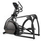 Black and gray elliptical trainer with digital display console and curved handlebars, shown on white background