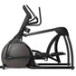 Black elliptical trainer with suspension design, curved handlebars, and large pedal platform on white background