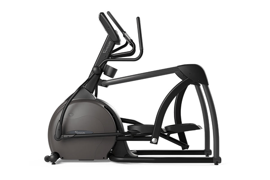 Black elliptical trainer with suspension design, curved handlebars, and large pedal platform on white background