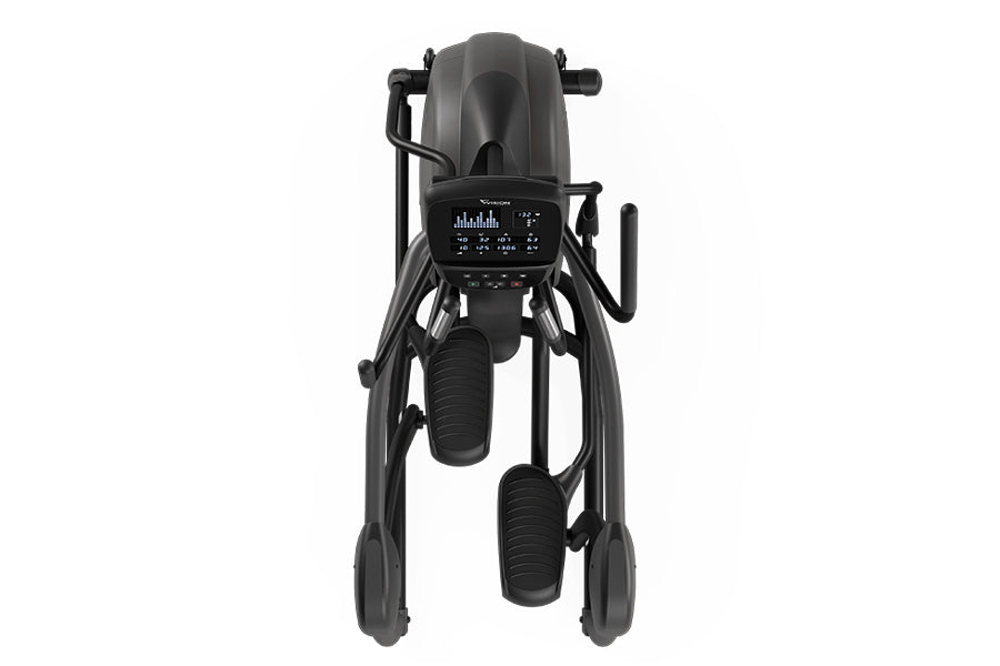 Black suspension trainer elliptical machine with digital display console and dual pedals, overhead view on white background