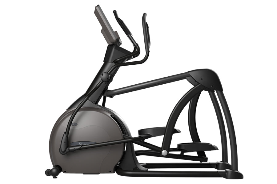 Black and gray elliptical trainer with curved handles and foot pedals on white background