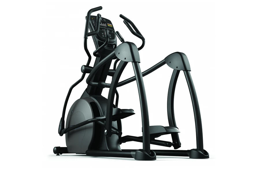 Black and gray elliptical fitness machine with digital console, dual handles, and foot pedals on white background