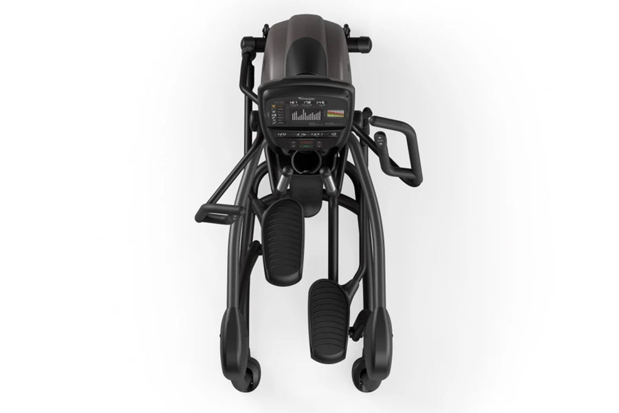 Black Vision S70 Ascent Trainer elliptical with digital display panel and dual foot pedals, overhead view on white background