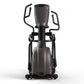 Black and gray elliptical trainer with curved handles and large foot pedals on white background