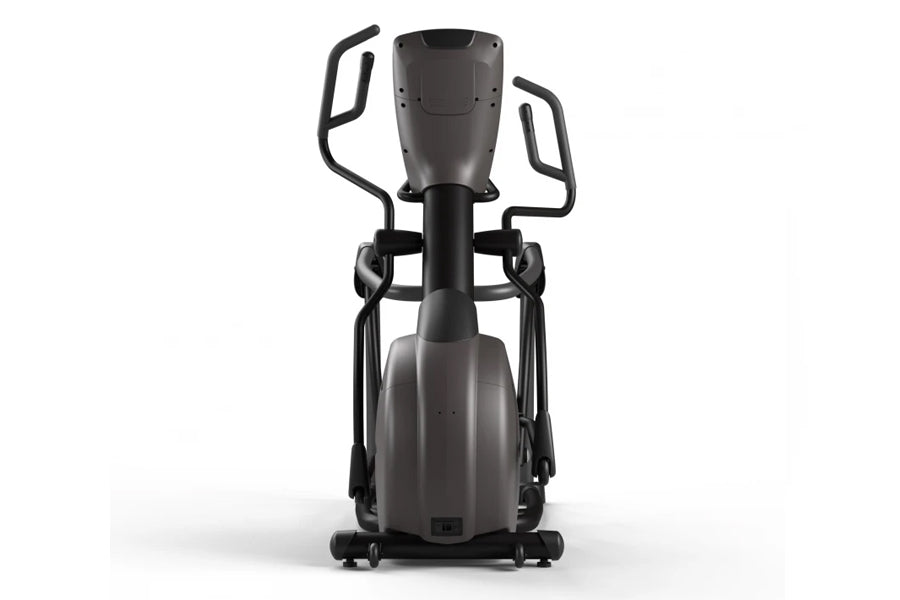 Black and gray elliptical trainer with curved handles and large foot pedals on white background