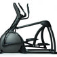 Black elliptical trainer with curved frame, padded footplates, and dual handlebar grips on white background