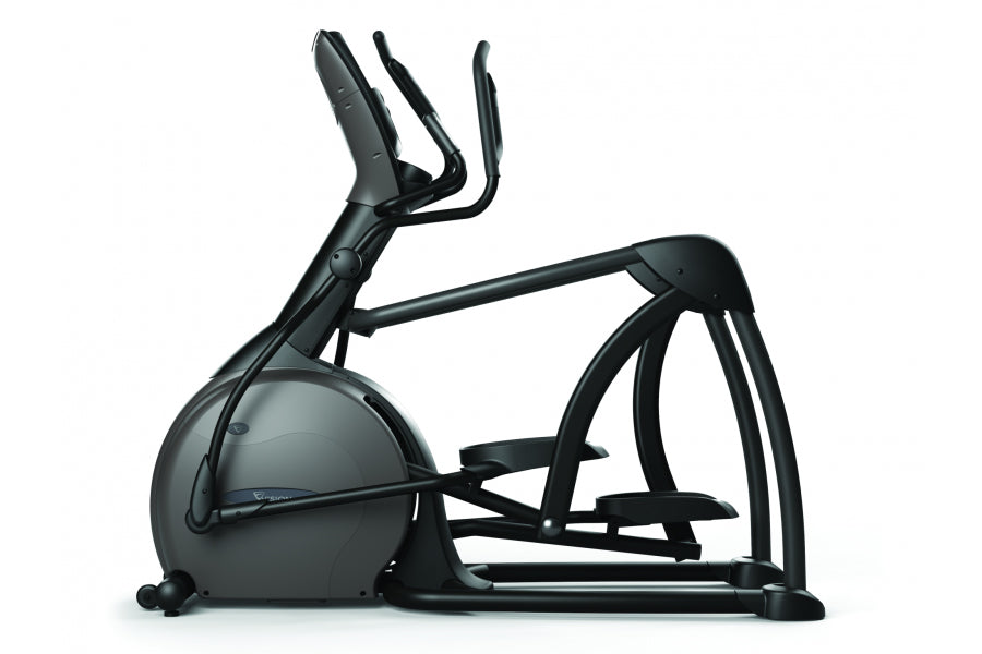 Black elliptical trainer with curved frame, padded footplates, and dual handlebar grips on white background