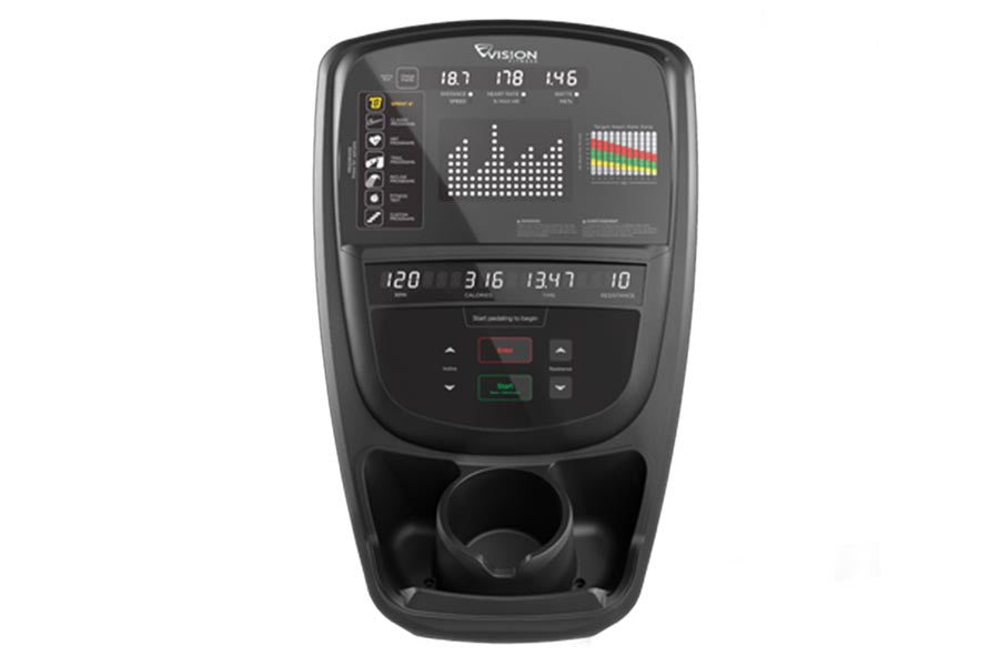 Vision S70 Ascent Trainer Elliptical with black console displaying digital metrics, colorful bar graphs, and control buttons,