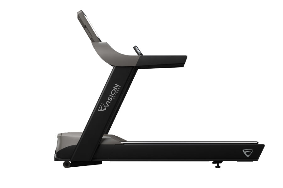 Vision T600E light commercial treadmill with black frame, gray running deck, and digital console display, side view on white 