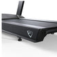 Black and gray light commercial treadmill with upright post and textured running surface on white background