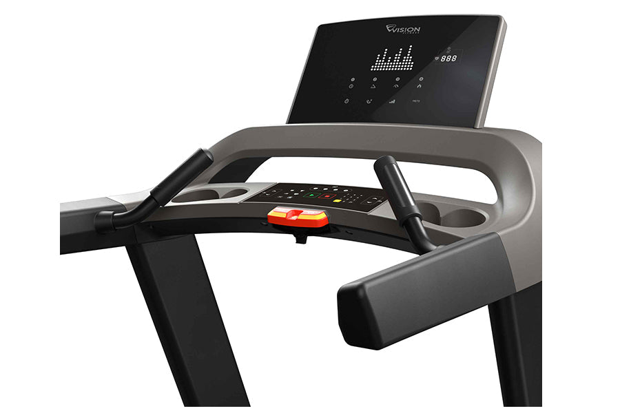 Vision T600 light commercial treadmill with black frame, gray accents, digital display console, and red emergency stop button