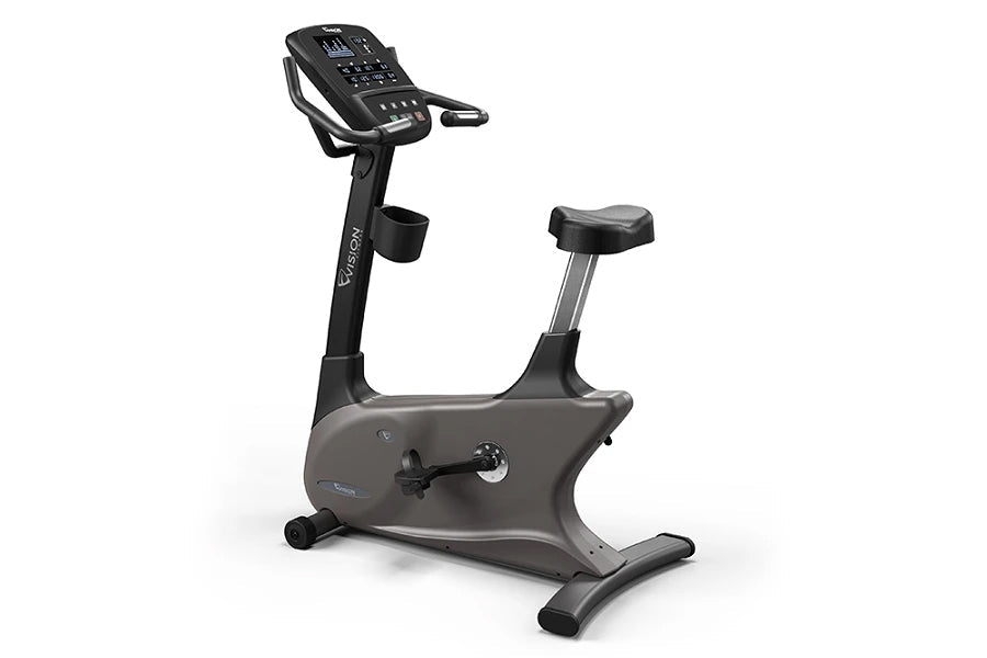 Vision U60 upright exercise bike with gray frame, black seat, digital console, and dual wheels on white background