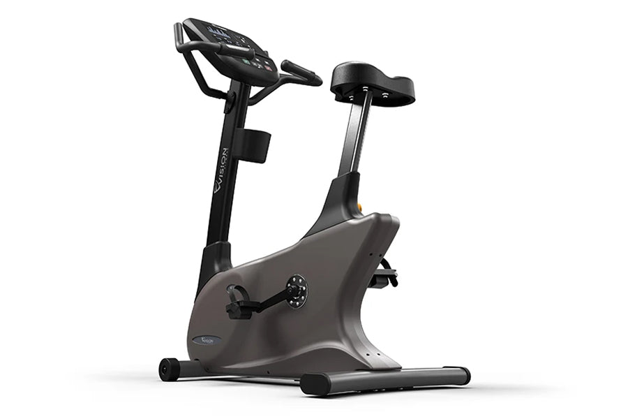 Vision U60 upright exercise bike with gray frame, digital display console, and black seat on white background
