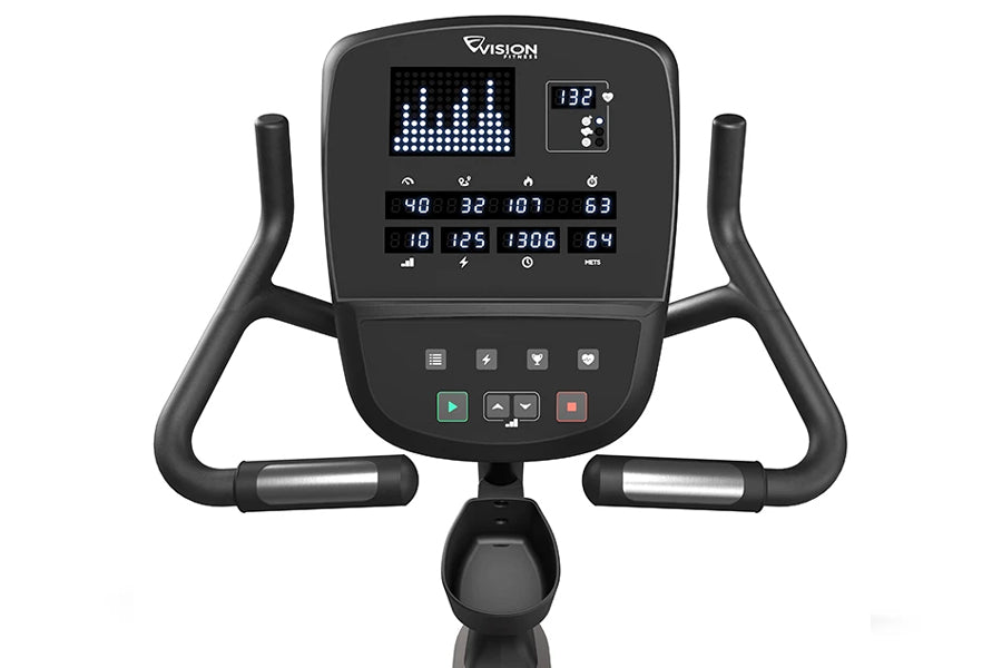Vision U60 black upright exercise bike with digital display showing workout metrics and dual handled bars, front view