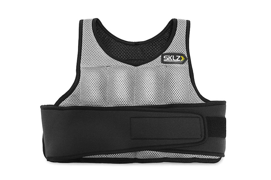SKLZ weighted training vest with white mesh front, black trim, and adjustable black waist strap on white background