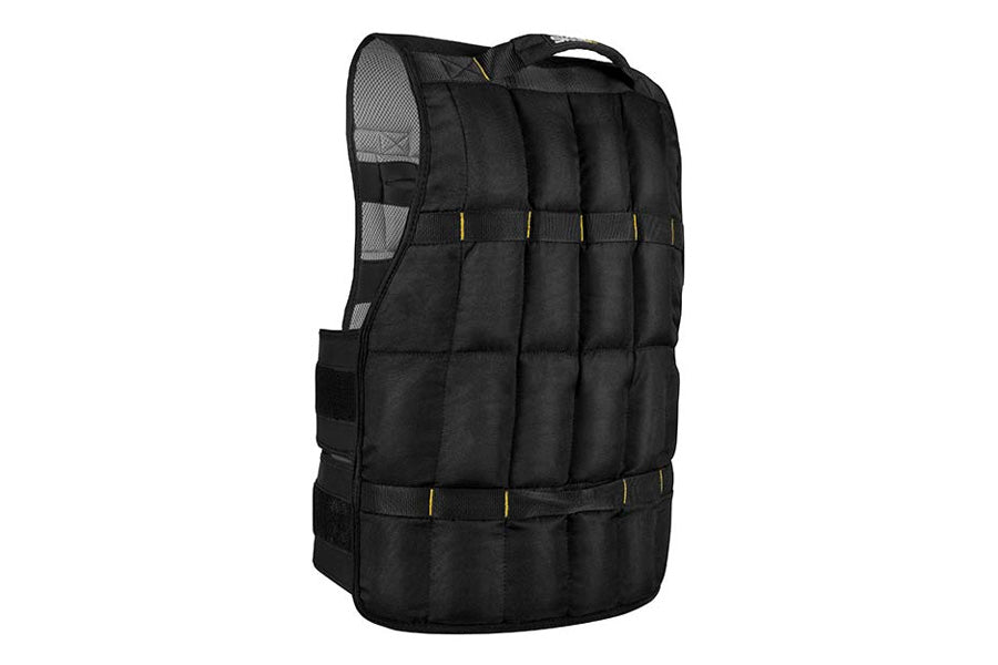 Black quilted weighted vest with mesh back panel and gold accent straps, displayed on white background