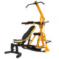 Yellow and black home gym equipment with adjustable seat, leg press platform, and overhead pull handles on white background