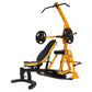 Yellow and black multi-function home gym with lever arms, padded seat, and footrest on white background