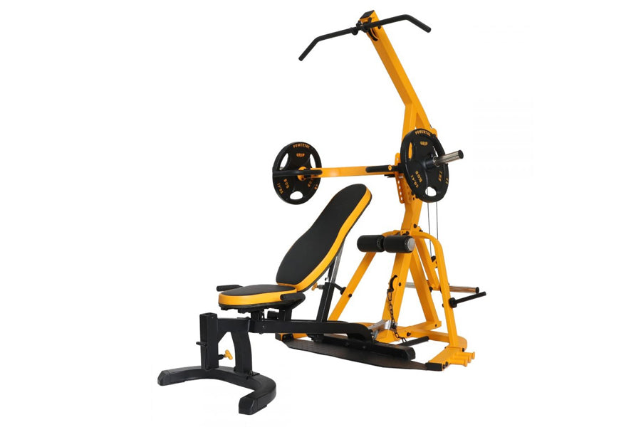 Yellow and black strength training machine with leg press, chest press, and pull-down stations on white background