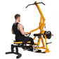 Yellow and black multi-function home gym machine with lever arms, used by model in black tank top on white background
