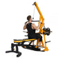 Yellow and black multi-station weight machine with pulley system, shown with male model demonstrating lat pull exercise on wh