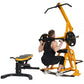Yellow and black Powertec Levergym exercise machine with weighted barbell, shown with model performing shoulder press on whit