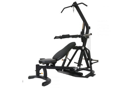 Black Powertec Levergym home workout machine with padded seat, handlebar grips, and leg press platform on white background