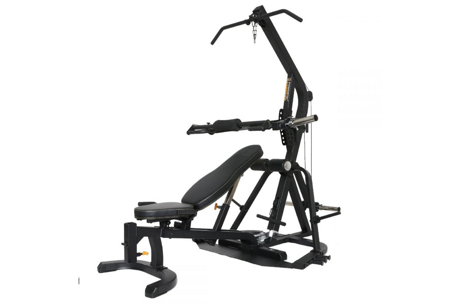 Black multi-function home gym with padded seat and leg extension, featuring adjustable handles and lever-based resistance sys